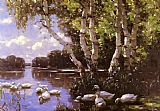 Alexander Koester Famous Paintings - Elf Enten Unter Birken Und Im Wasser